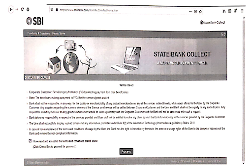 Terms and Conditions page to pay Sainik School Fess through SBI Payment Gateway 